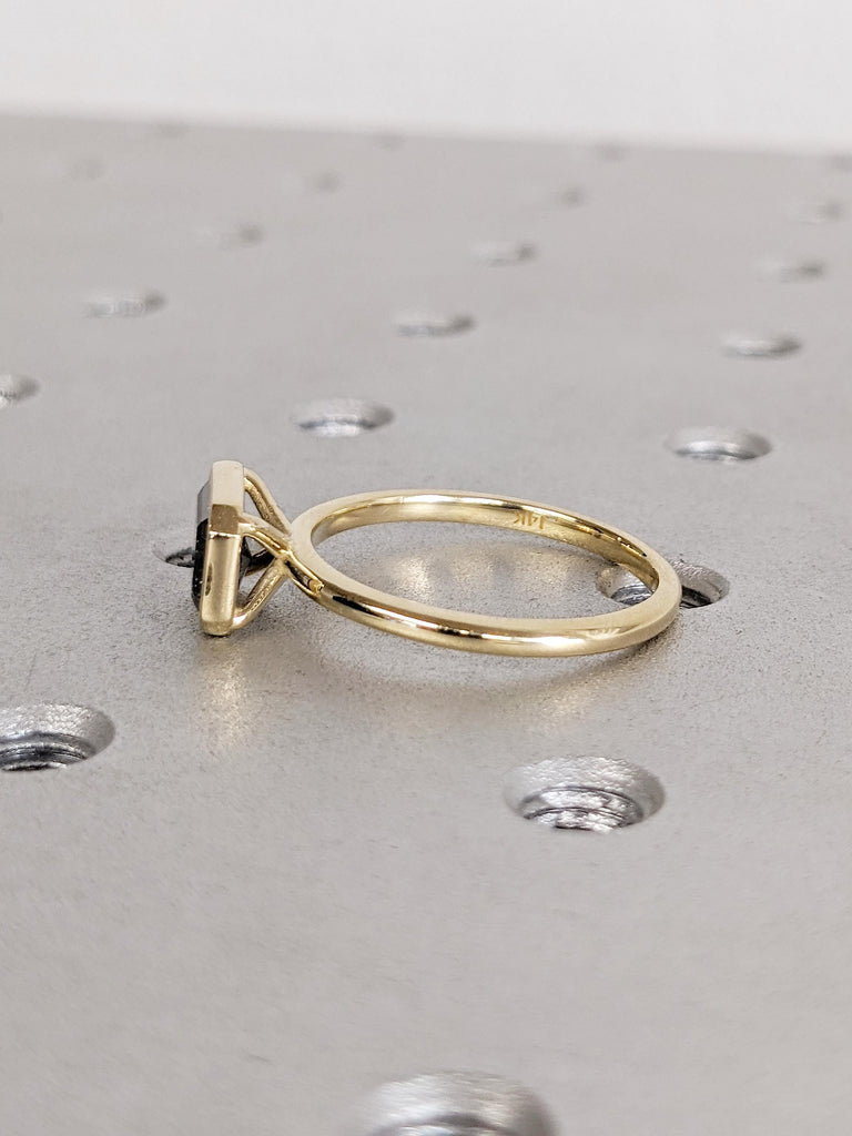 East West Bezel Ring, Emerald Cut Salt and Pepper Diamond Engagement Ring, 14k Yellow Gold Solitaire Rings, Dainty Promise Ring for Her image #4