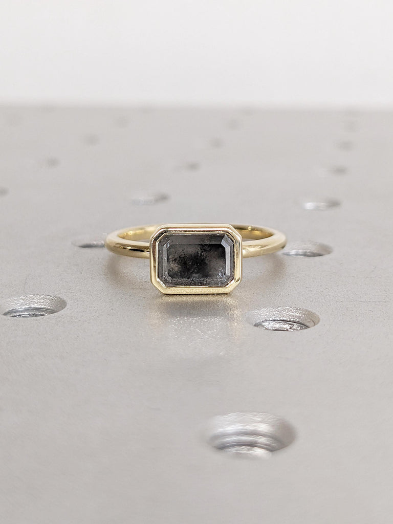 East West Bezel Ring, Emerald Cut Salt and Pepper Diamond Engagement Ring, 14k Yellow Gold Solitaire Rings, Dainty Promise Ring for Her image #7