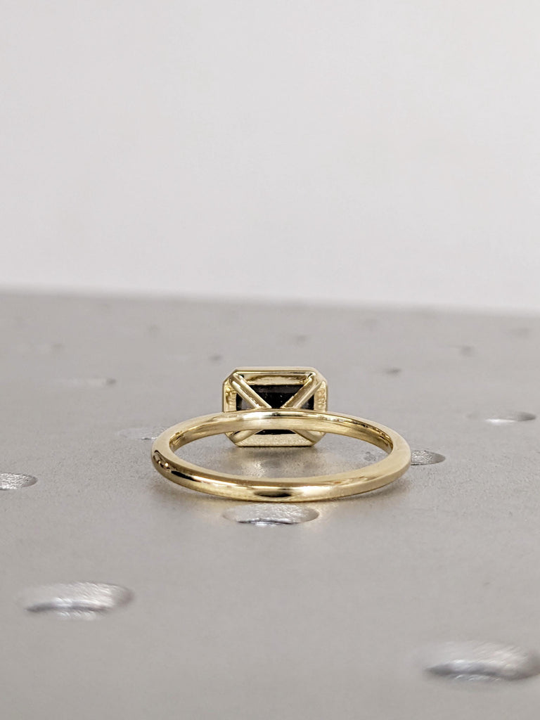 East West Bezel Ring, Emerald Cut Salt and Pepper Diamond Engagement Ring, 14k Yellow Gold Solitaire Rings, Dainty Promise Ring for Her image #6