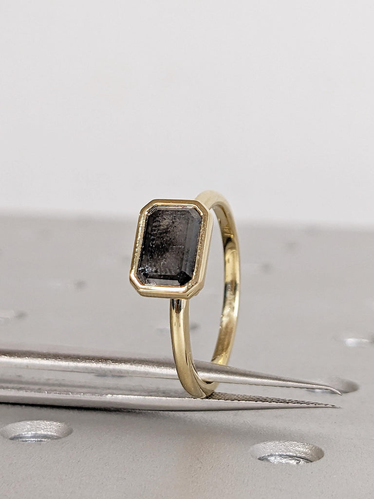 East West Bezel Ring, Emerald Cut Salt and Pepper Diamond Engagement Ring, 14k Yellow Gold Solitaire Rings, Dainty Promise Ring for Her image #9