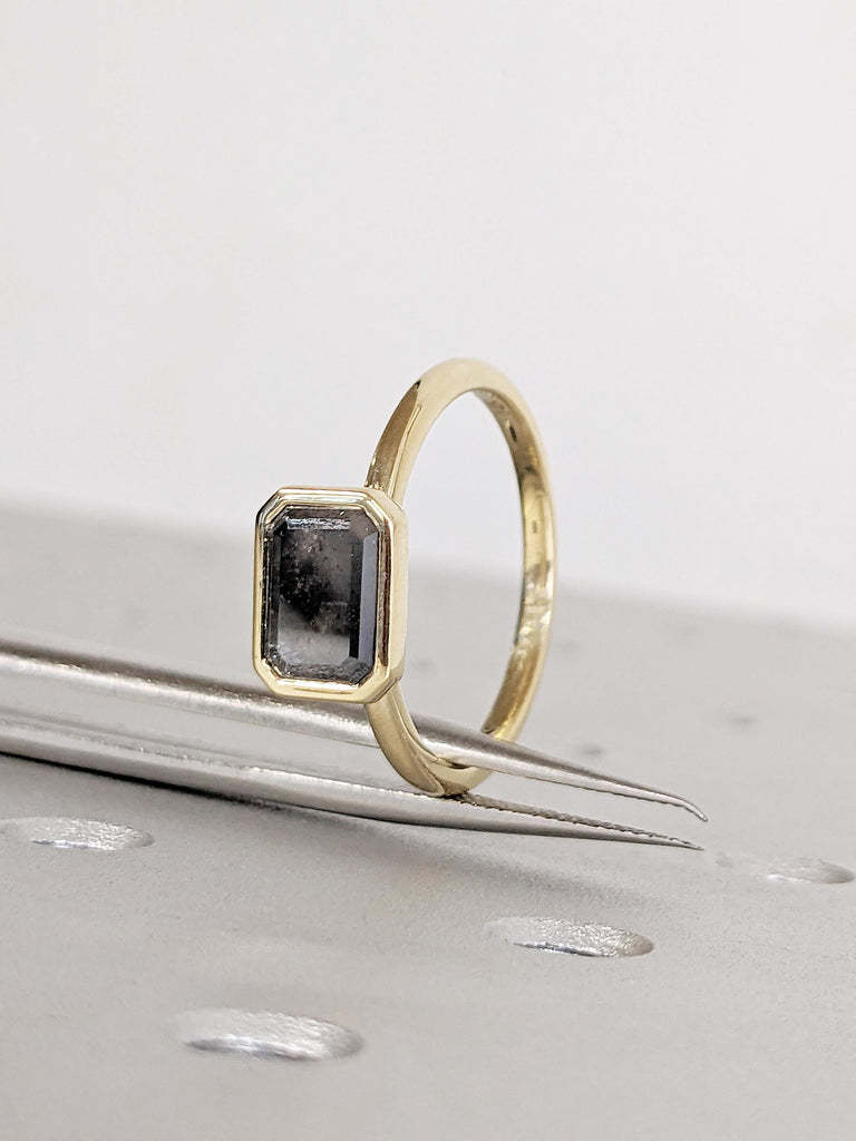 East West Bezel Ring, Emerald Cut Salt and Pepper Diamond Engagement Ring, 14k Yellow Gold Solitaire Rings, Dainty Promise Ring for Her image #2