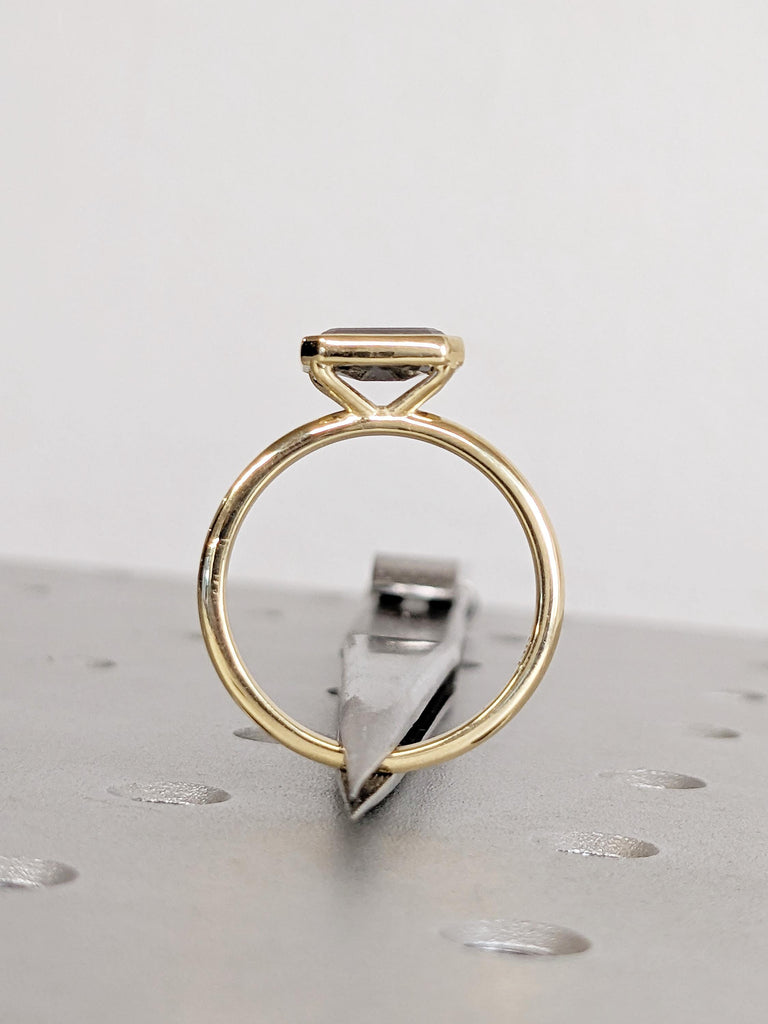 East West Bezel Ring, Emerald Cut Salt and Pepper Diamond Engagement Ring, 14k Yellow Gold Solitaire Rings, Dainty Promise Ring for Her image #5