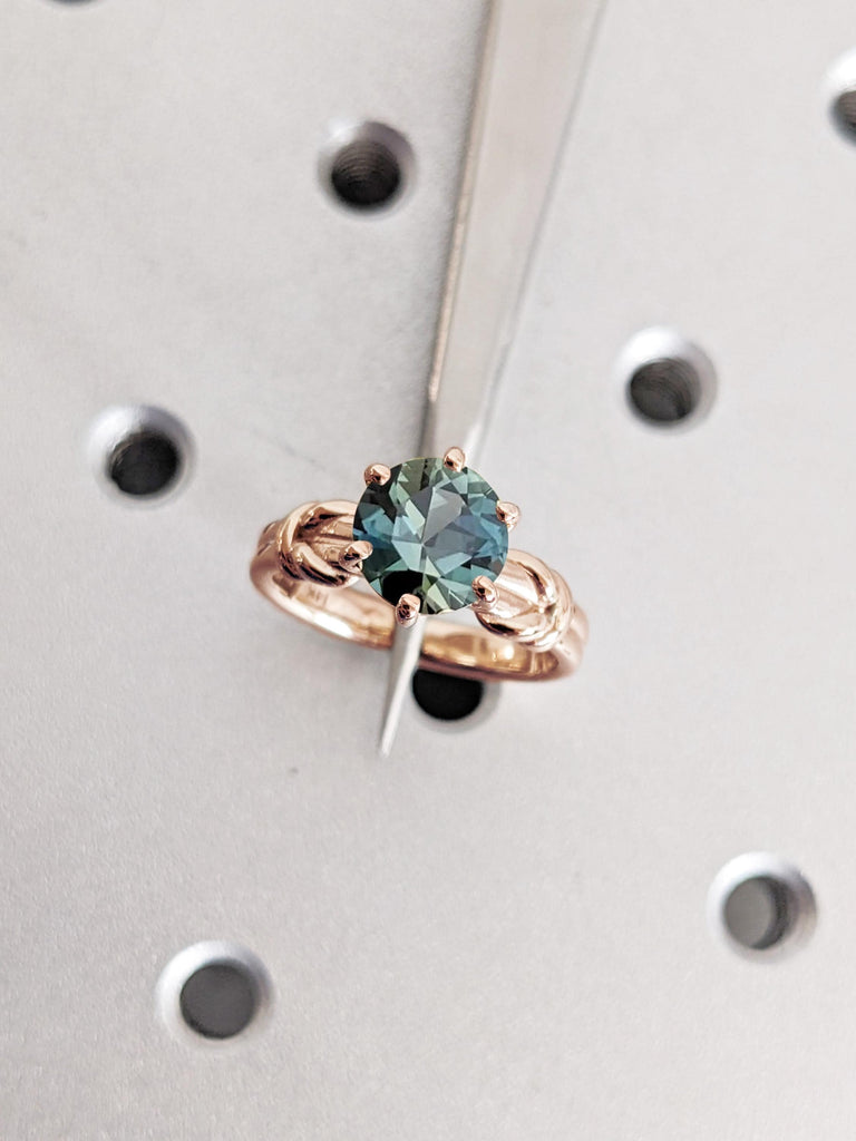 1ct Sapphire Ring, Natural Peacock Sapphire Engagement Ring, September Birthstone Jewelry, 14K Rose Gold Ring, Twist Knot Band, Promise Ring