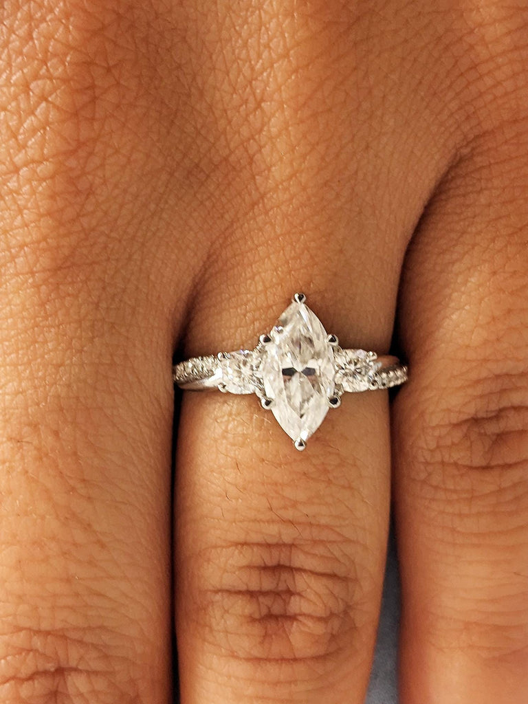 Platinum Marquise Cut Lab Diamond Spiral Engagement Ring, Three Stone Twisted Platinum Band, Women's Wedding Jewelry image #2