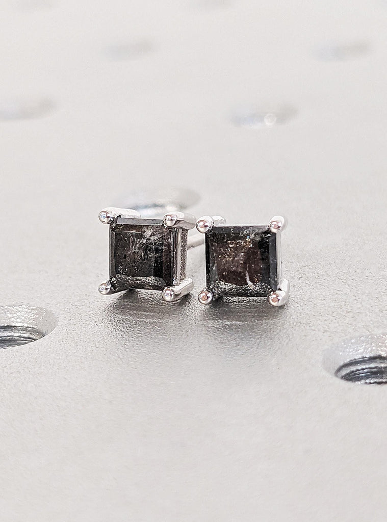 Princess Cut Salt and Pepper Diamond Earrings, 14K White Gold Earring Studs, Galaxy Inspired Diamond Stud Earrings