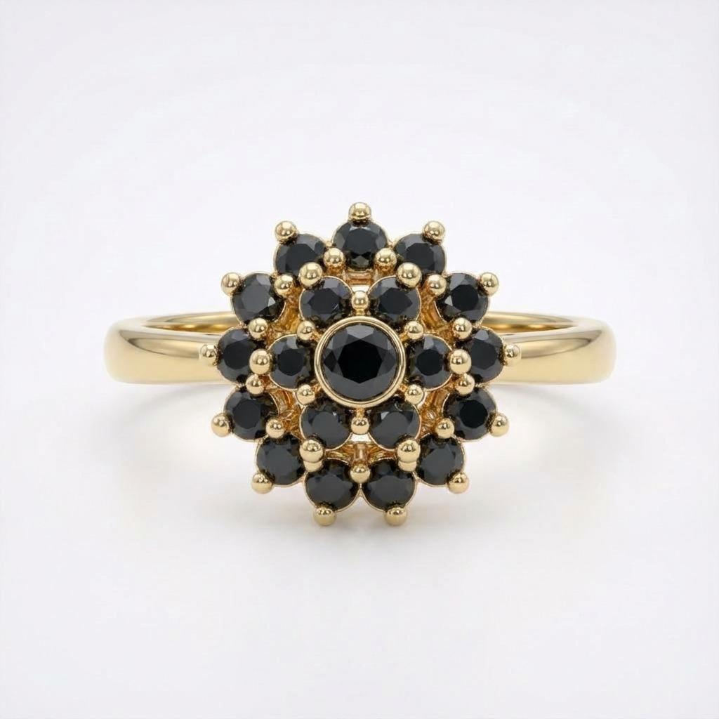 Art Deco Black Diamond Flower Ring • 14k Gold Floral Engagement Ring • Floral Anniversary Ring • Vintage Wedding Ring for Her • Gift for Mom