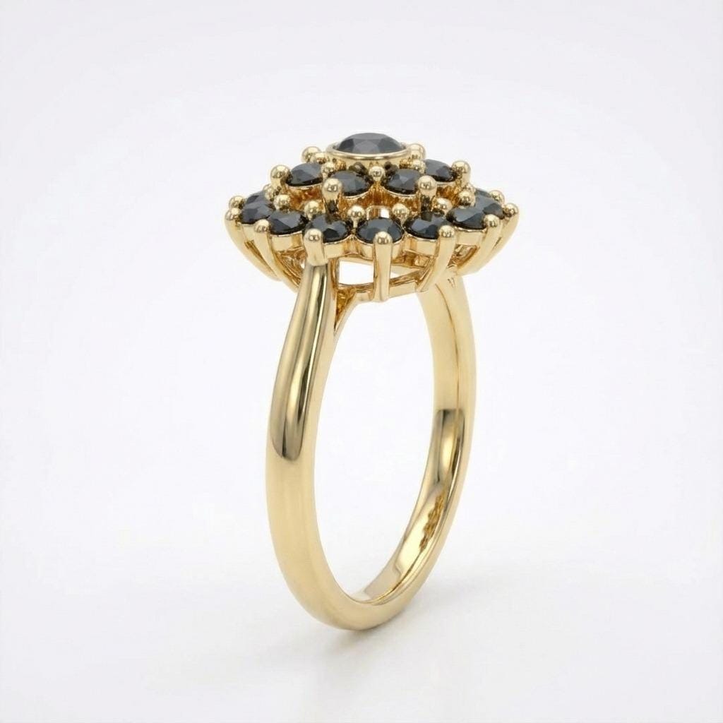 Art Deco Black Diamond Flower Ring • 14k Gold Floral Engagement Ring • Floral Anniversary Ring • Vintage Wedding Ring for Her • Gift for Mom image #3