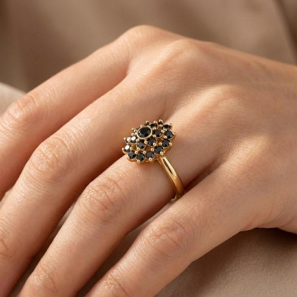 Art Deco Black Diamond Flower Ring • 14k Gold Floral Engagement Ring • Floral Anniversary Ring • Vintage Wedding Ring for Her • Gift for Mom image #2