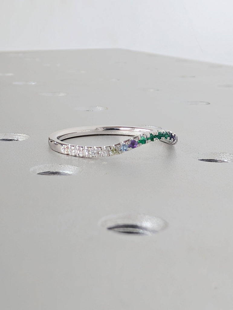 Multi Gemstone Half Eternity Matching Band, Rainbow Pavé Birthstone, 14K White Gold Stacking Ring, Dainty Promise Ring image #6