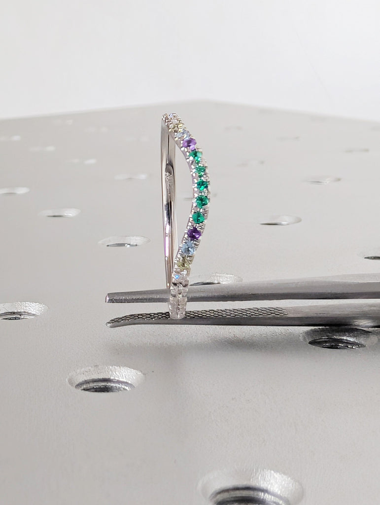 Multi Gemstone Half Eternity Matching Band, Rainbow Pavé Birthstone, 14K White Gold Stacking Ring, Dainty Promise Ring image #7