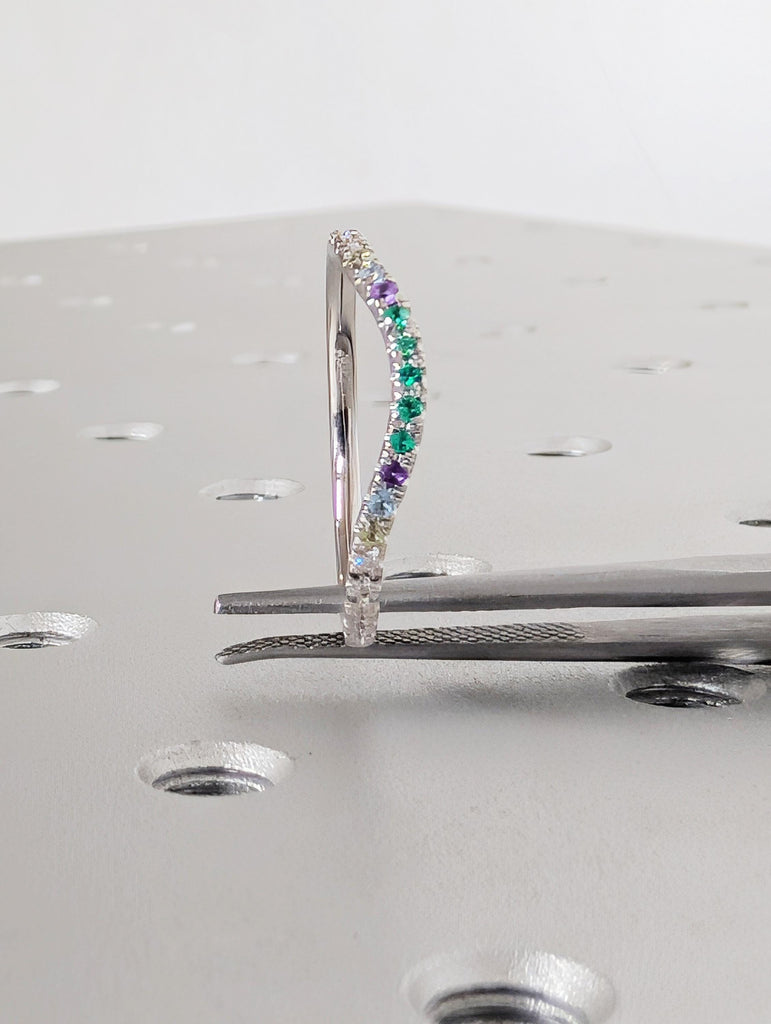 Petite Colourful Matching Engagement Ring, Half Eternity Pavé Lab Grown Diamond, 14K Solid White Gold Promise Ring, Women's Stackable Ring image #7