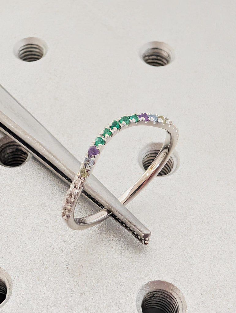 Multi Gemstone Half Eternity Matching Band, Rainbow Pavé Birthstone, 14K White Gold Stacking Ring, Dainty Promise Ring image #9