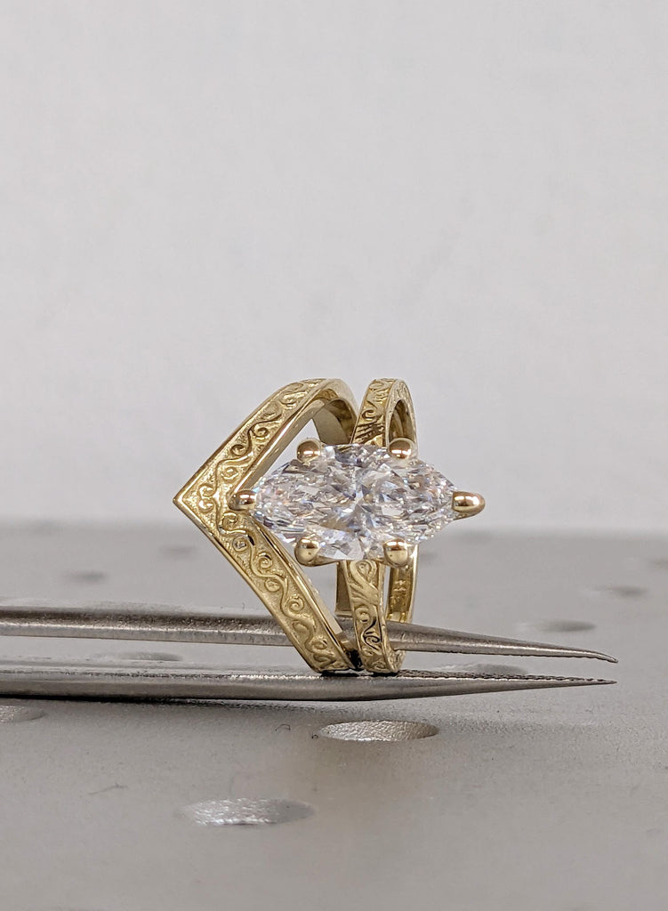 Marquise Lab Grown Diamond Engagement Ring with Matching Wedding Band, 14K Yellow Gold Filigree Bridal Set, Engagement Ring Set, Jewelry Set image #9