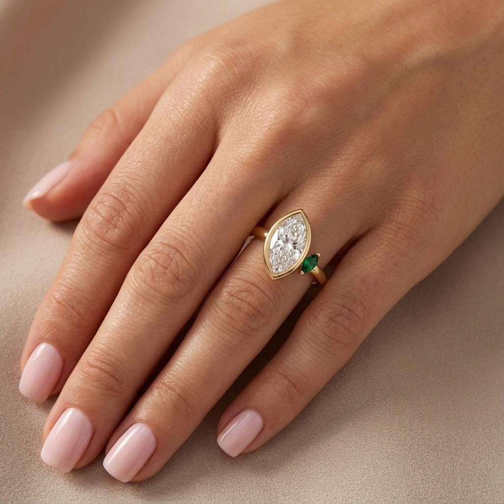 1-4CT Marquise Cut Moissanite Engagement Ring | Moissanite and Green Emerald Ring | Solid Gold Wedding Anniversary Rings for Women image #2