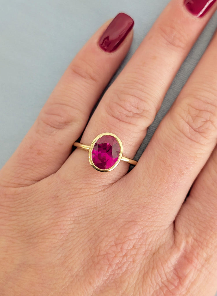 Ruby Ring, Lab Ruby Engagement Ring, Dainty 14K Yellow Gold Oval Cut Ring, Woman's Wedding Ring, July Birthstone Ring, Gemstone Ring For Her image #2