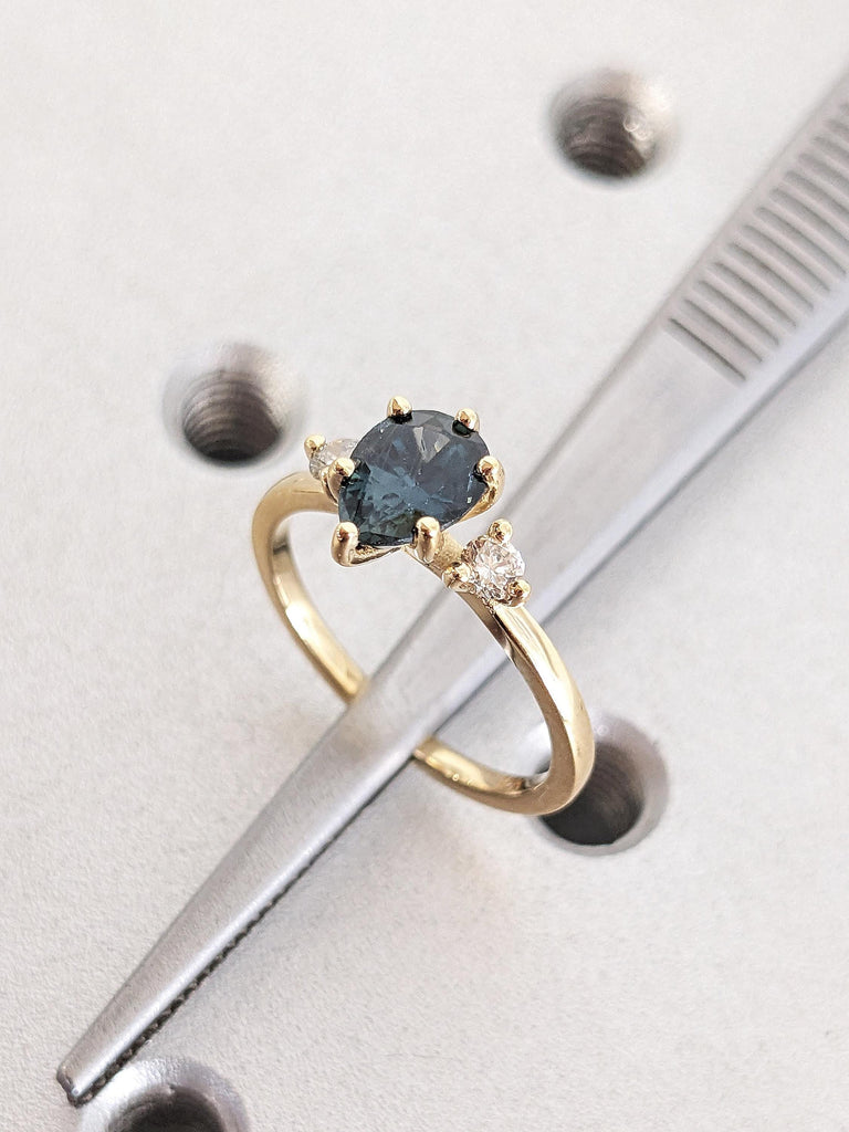 1ct Teal Green Sapphire Engagement Ring, Vintage Peacock Sapphire Pear Cut Wedding Band, Teardrop Birthstone Jewelry image #2