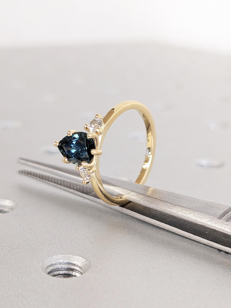1ct Teal Green Sapphire Engagement Ring, Vintage Peacock Sapphire Pear Cut Wedding Band, Teardrop Birthstone Jewelry image #6