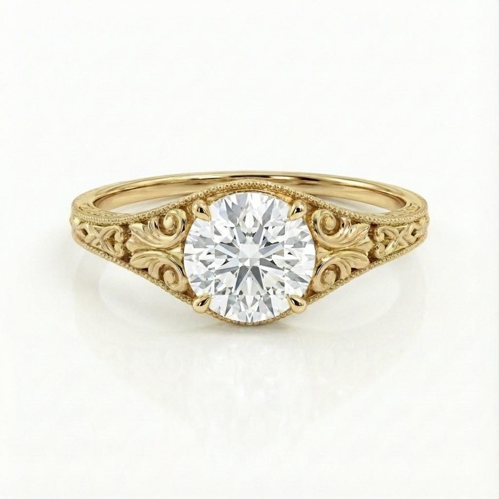 Vintage Filigree Moissanite Ring, Round cut Moissanite Engagement Ring, 14k Yellow Gold Antique Art Deco Wedding Ring, Victorian Style Ring image #2