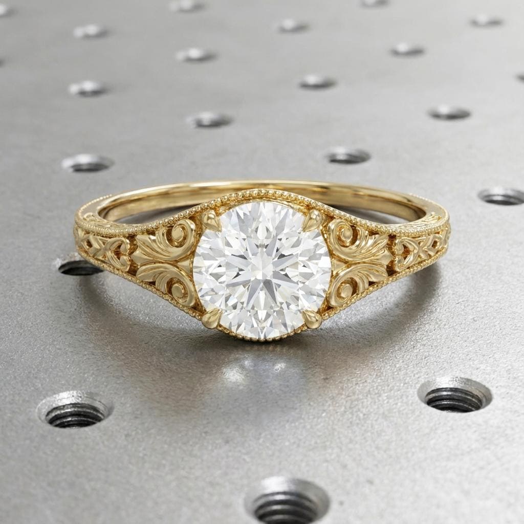 Vintage Filigree Moissanite Ring, Round cut Moissanite Engagement Ring, 14k Yellow Gold Antique Art Deco Wedding Ring, Victorian Style Ring