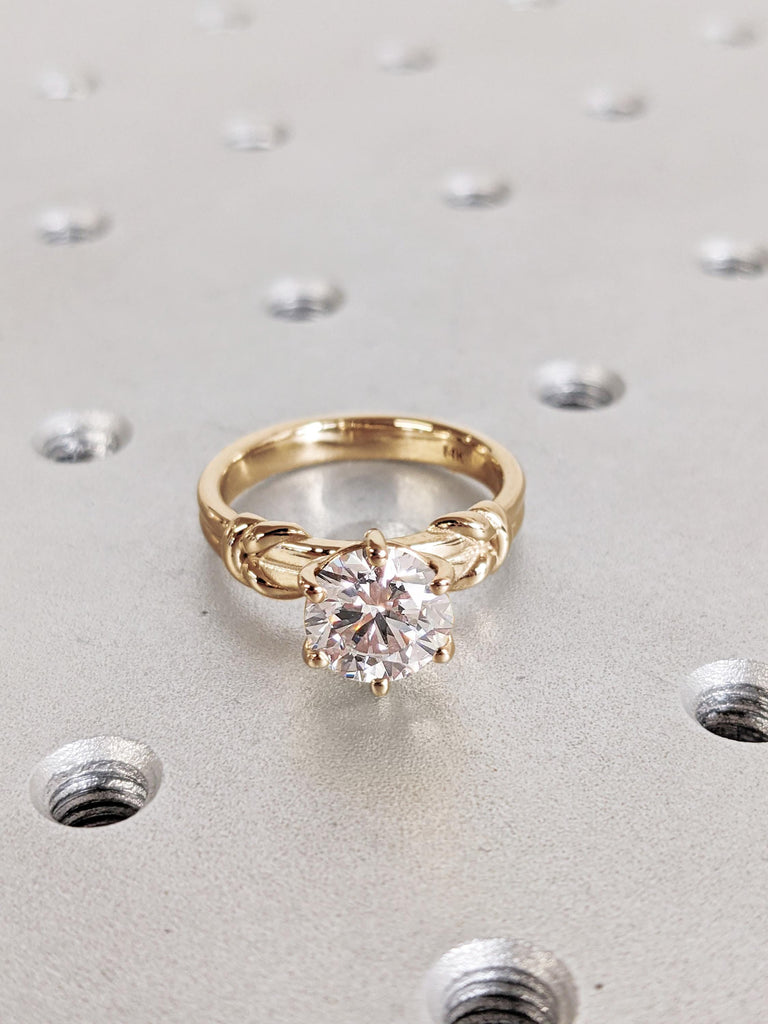 Engagement Moissanite Ring, Yellow Gold Moissanite Anniversary Ring, Round 14K/18K Solid Gold Tie Knot Ring, Unique Solitaire Statement Ring image #2