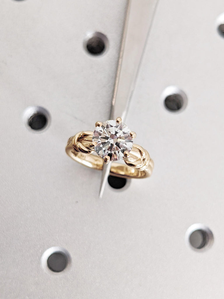 Engagement Moissanite Ring, Yellow Gold Moissanite Anniversary Ring, Round 14K/18K Solid Gold Tie Knot Ring, Unique Solitaire Statement Ring