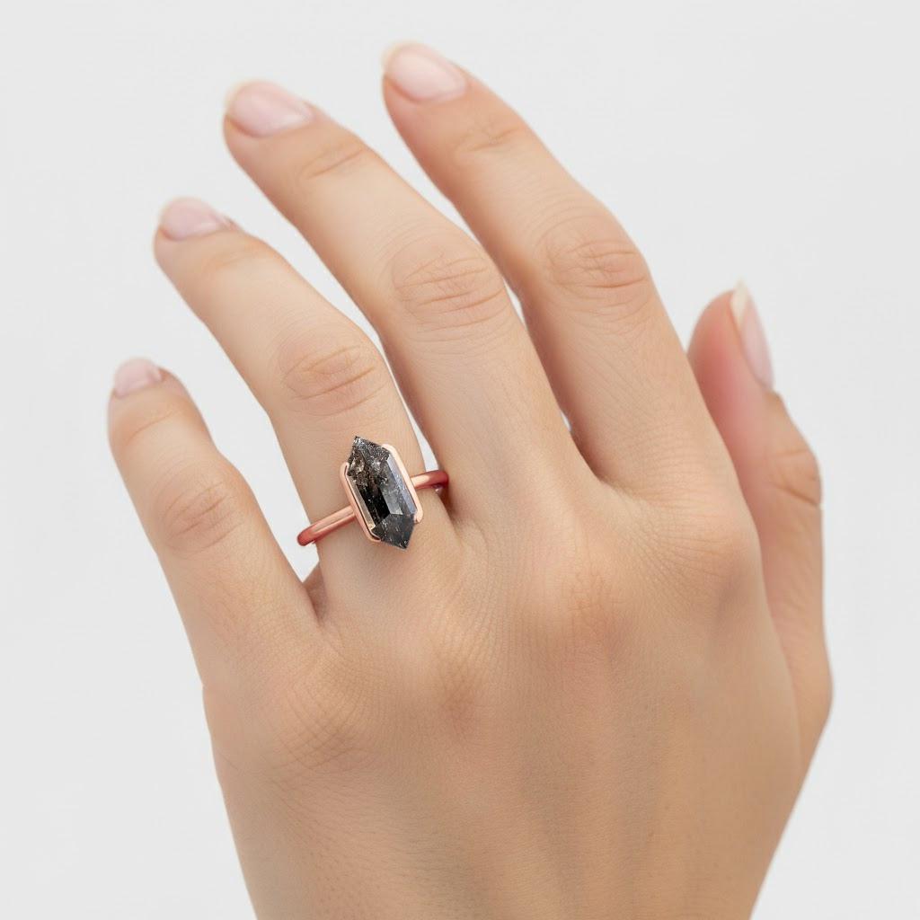 14k Rose Gold Elongated Hexagon Diamond Ring | Salt and Pepper Black Diamond | Unique Half Bezel set Solitaire Diamond Engagement Ring image #2