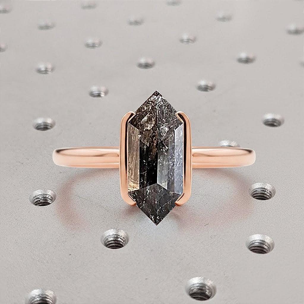 2ct Elongated Hexagon Salt and Pepper Black Diamond Ring | Unique Bezel set Solitaire Diamond Engagement Ring | 14k Rose Gold Promise Ring for Women