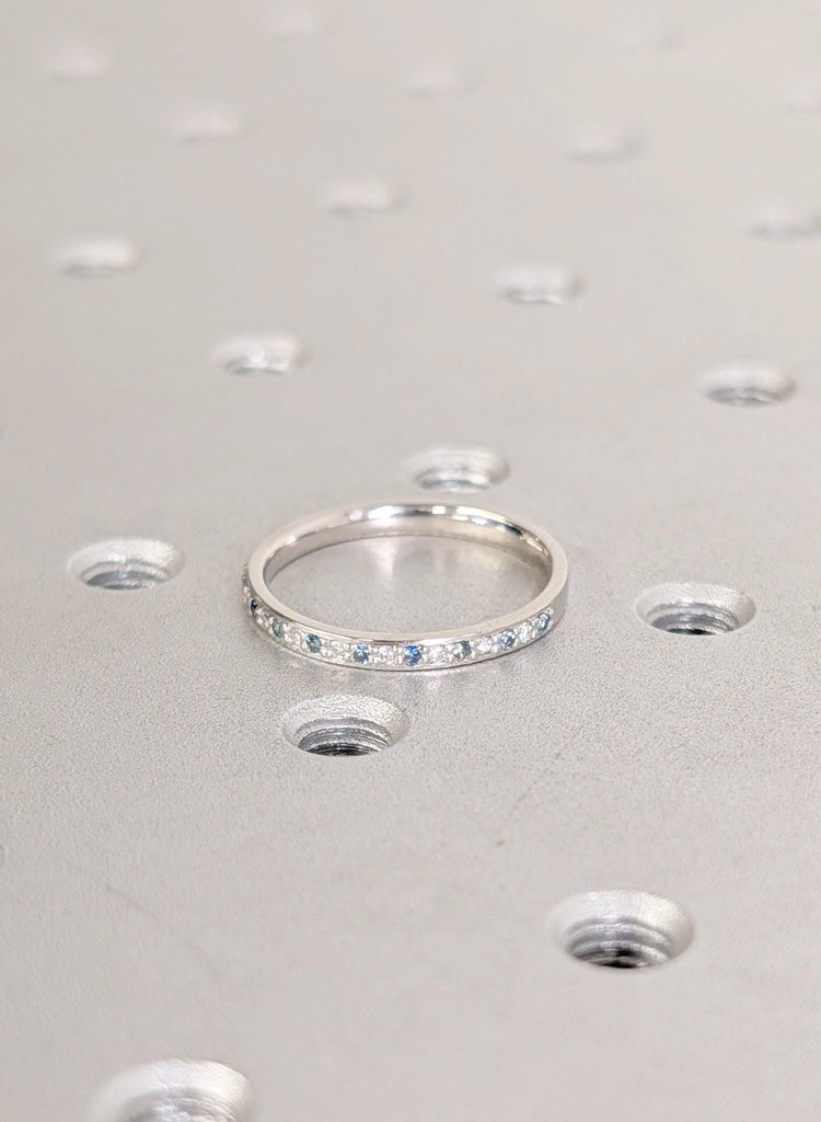 Teal Blue Sapphire Wedding Band: Platinum Pave Diamond Stacking Ring image #5