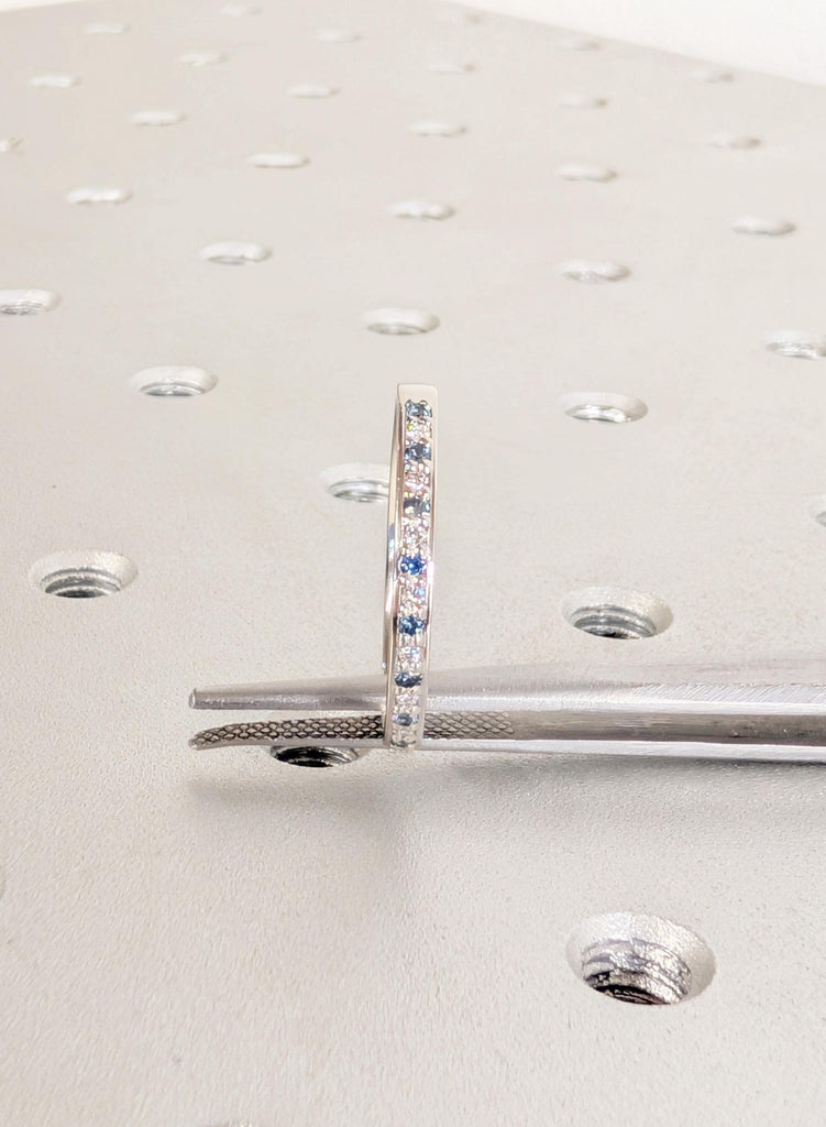 Teal Blue Sapphire Wedding Band: Platinum Pave Diamond Stacking Ring image #6