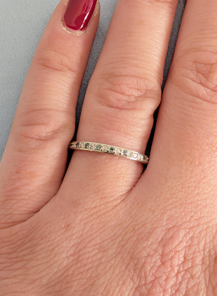 Blue Sapphire Wedding Band, Pave Round Moissanite Matching Rings, Platinum Stacking Ring, Teal Sapphire Diamond Wedding Ring, Everyday Rings image #2