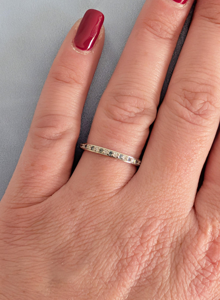 Blue Sapphire Wedding Band, Pave Round Moissanite Matching Rings, Platinum Stacking Ring, Teal Sapphire Diamond Wedding Ring, Everyday Rings image #8