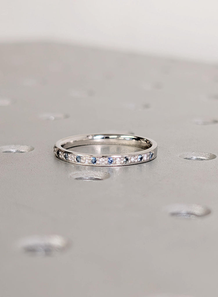 Blue Sapphire Wedding Band, Pave Round Moissanite Matching Rings, Platinum Stacking Ring, Teal Sapphire Diamond Wedding Ring, Everyday Rings image #11