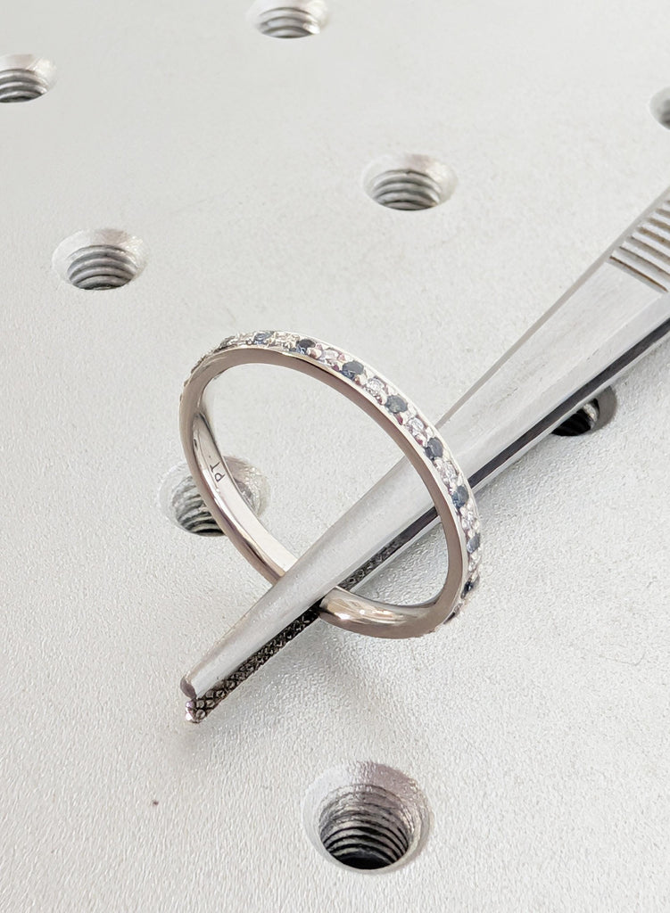 Teal Blue Sapphire Wedding Band: Platinum Pave Diamond Stacking Ring image #10