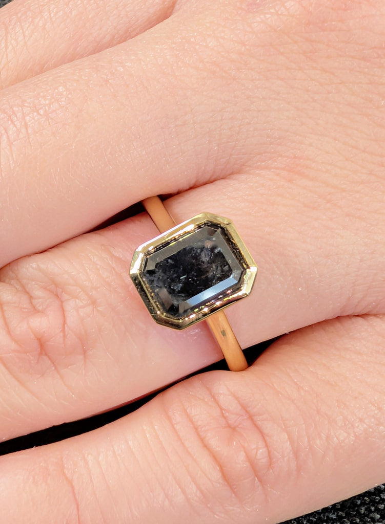 Salt and Pepper Diamond Ring, Emerald Cut Solitaire Ring, Bezel Set 18K Yellow Gold Engagement Ring, Wedding Ring, Promise Ring, Bridal Ring image #6