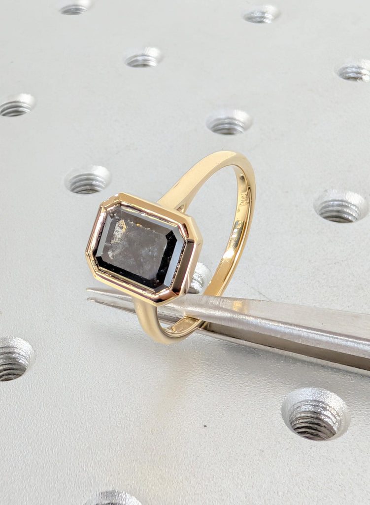 Salt and Pepper Diamond Ring, Emerald Cut Solitaire Ring, Bezel Set 18K Yellow Gold Engagement Ring, Wedding Ring, Promise Ring, Bridal Ring image #7