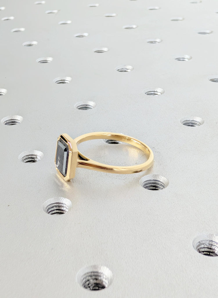 Salt and Pepper Diamond Ring, Emerald Cut Solitaire Ring, Bezel Set 18K Yellow Gold Engagement Ring, Wedding Ring, Promise Ring, Bridal Ring image #10