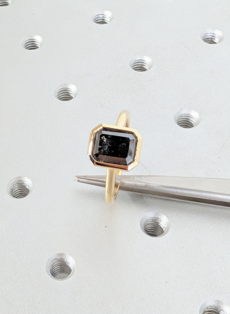 Salt and Pepper Diamond Ring, Emerald Cut Solitaire Ring, Bezel Set 18K Yellow Gold Engagement Ring, Wedding Ring, Promise Ring, Bridal Ring image #4