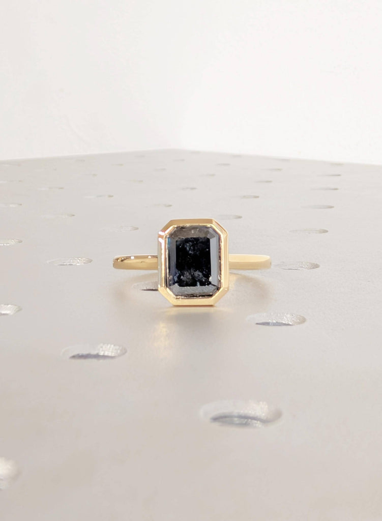Salt and Pepper Diamond Ring, Emerald Cut Solitaire Ring, Bezel Set 18K Yellow Gold Engagement Ring, Wedding Ring, Promise Ring, Bridal Ring image #3