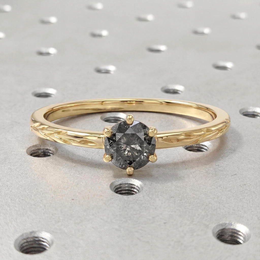 Olive Branch Ring Salt Pepper Diamond, 14K Yellow Gold Solitaire Engagement Ring, Vintage Engraved Heirloom Band