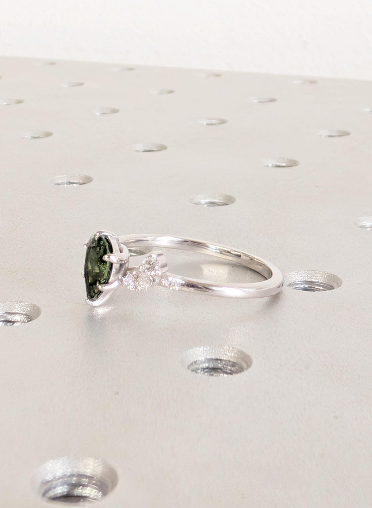 Sapphire Engagement Ring, 14K White Gold Pear Shaped Sapphire Ring, Nature Inspired Diamond Leaf Ring, Vintage Peacock Sapphire Wedding Ring image #5