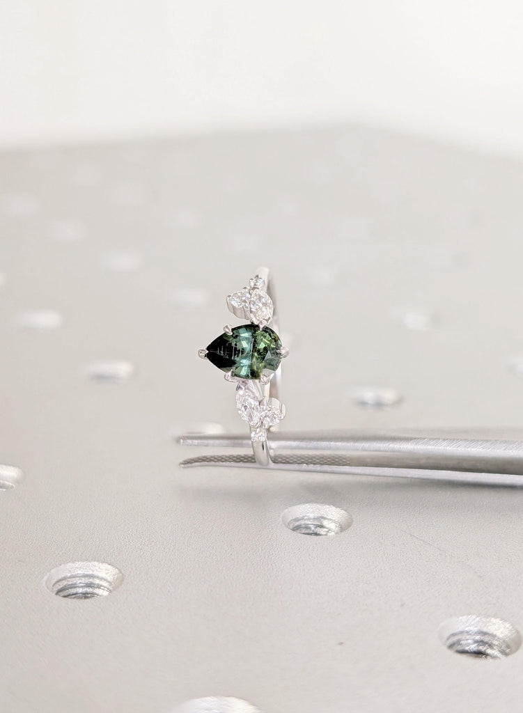 Sapphire Engagement Ring, 14K White Gold Pear Shaped Sapphire Ring, Nature Inspired Diamond Leaf Ring, Vintage Peacock Sapphire Wedding Ring image #4