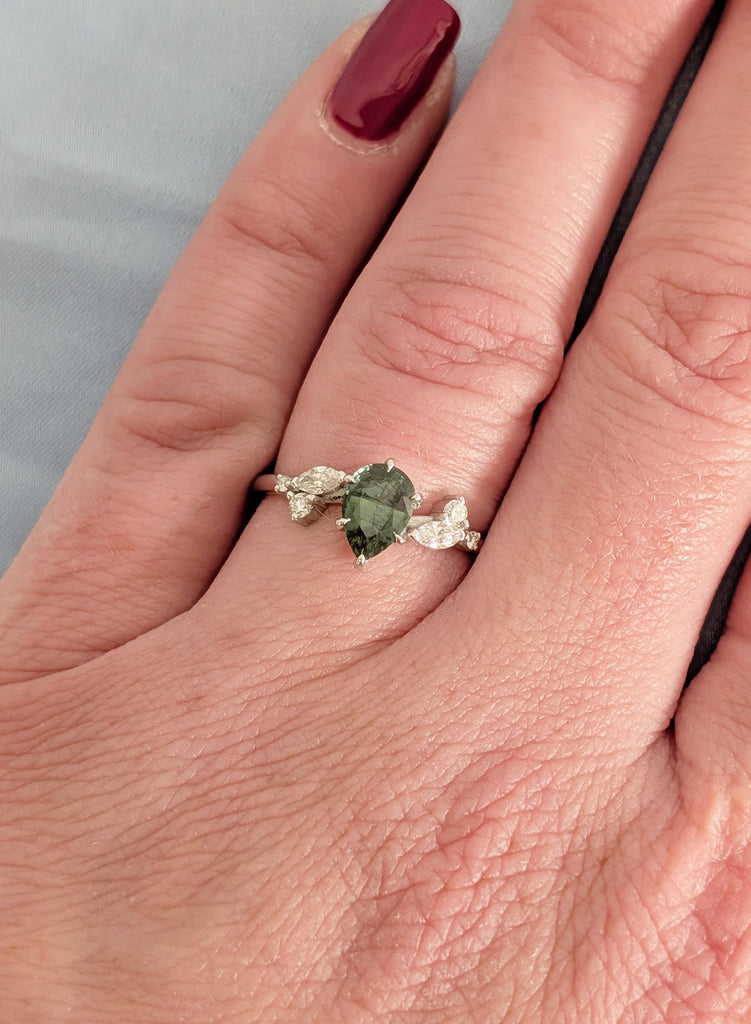 Sapphire Engagement Ring, 14K White Gold Pear Shaped Sapphire Ring, Nature Inspired Diamond Leaf Ring, Vintage Peacock Sapphire Wedding Ring image #2