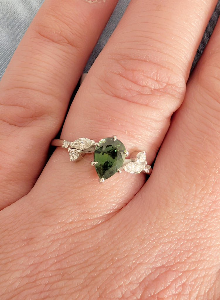 Sapphire Engagement Ring, 14K White Gold Pear Shaped Sapphire Ring, Nature Inspired Diamond Leaf Ring, Vintage Peacock Sapphire Wedding Ring image #10