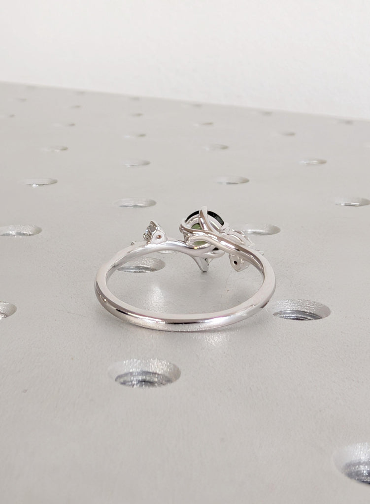 Sapphire Engagement Ring, 14K White Gold Pear Shaped Sapphire Ring, Nature Inspired Diamond Leaf Ring, Vintage Peacock Sapphire Wedding Ring image #6