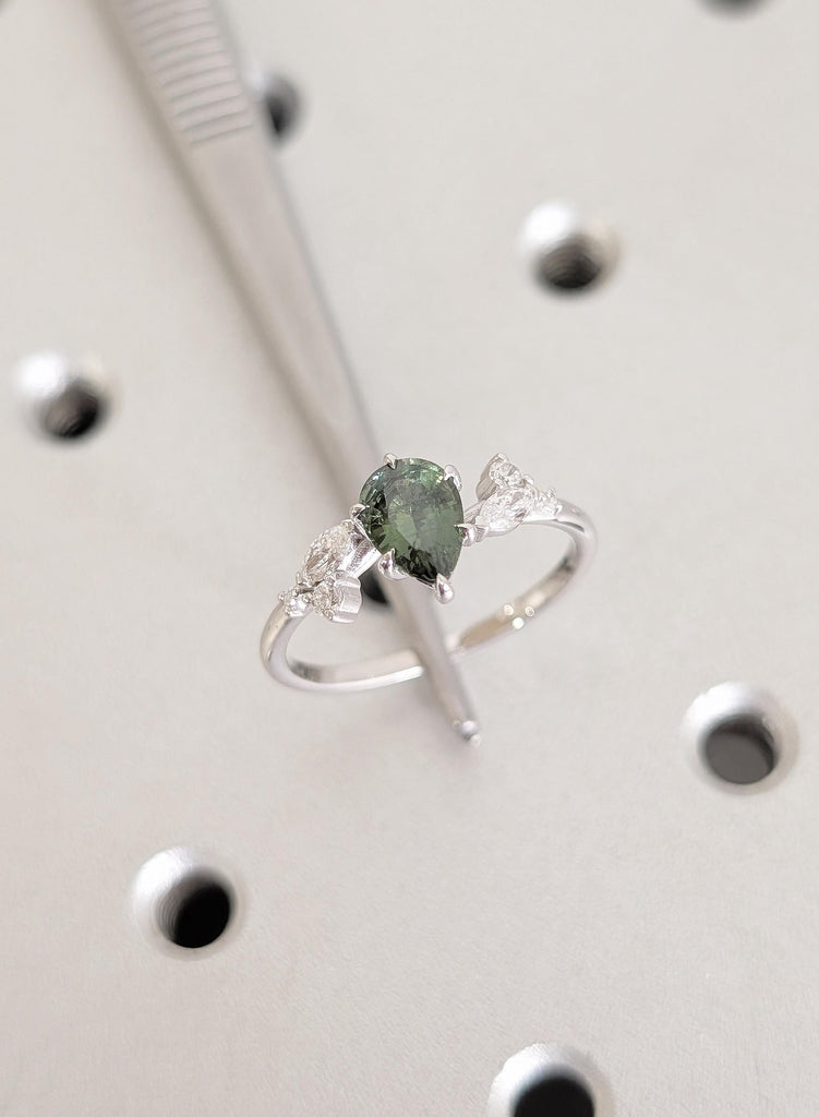 Sapphire Engagement Ring, 14K White Gold Pear Shaped Sapphire Ring, Nature Inspired Diamond Leaf Ring, Vintage Peacock Sapphire Wedding Ring