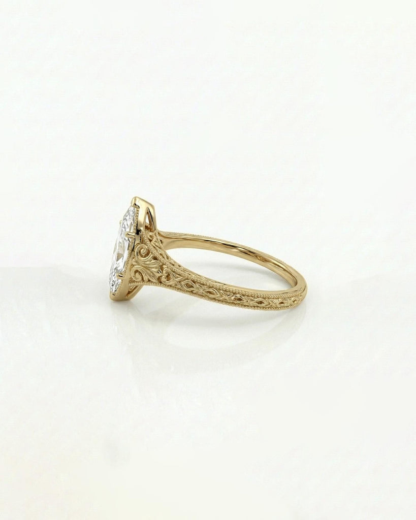 Filigree 14k Gold Solitaire Rings, Marquise Moissanite Ring, Vintage Engagement Ring image #4