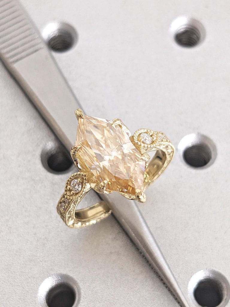 Dutch Marquise Cut Moissanite Ring, 14K Gold Filigree Wedding Band, Vintage Cathedral Setting Engagement Ring, 6 Prong Tulip Diamond Ring image #3