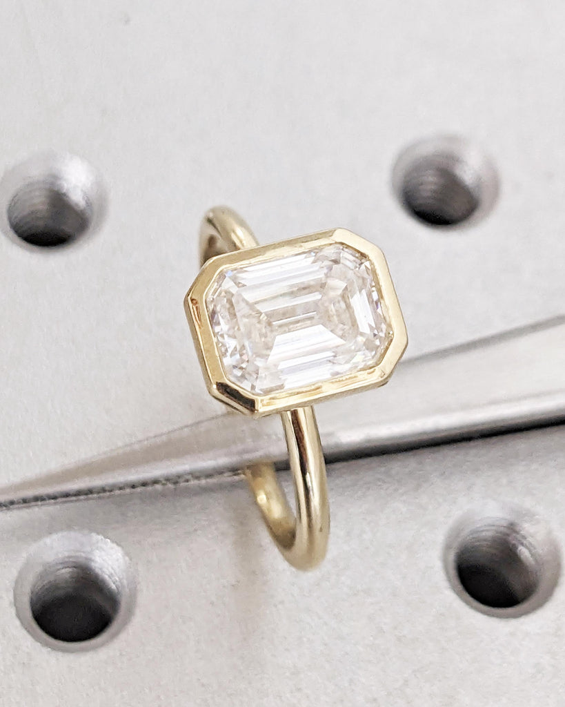 Bezel Set Emerald Cut Lab Grown Diamond Solitaire Ring | IGI Certified Lab Diamond 14K Yellow Gold Vintage Engagement Ring | Statement Ring image #6