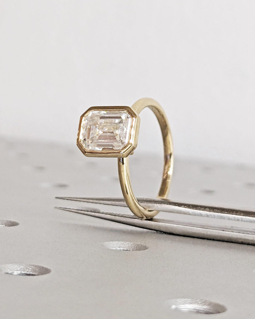 Bezel Set Emerald Cut Lab Grown Diamond Solitaire Ring | IGI Certified Lab Diamond 14K Yellow Gold Vintage Engagement Ring | Statement Ring image #8