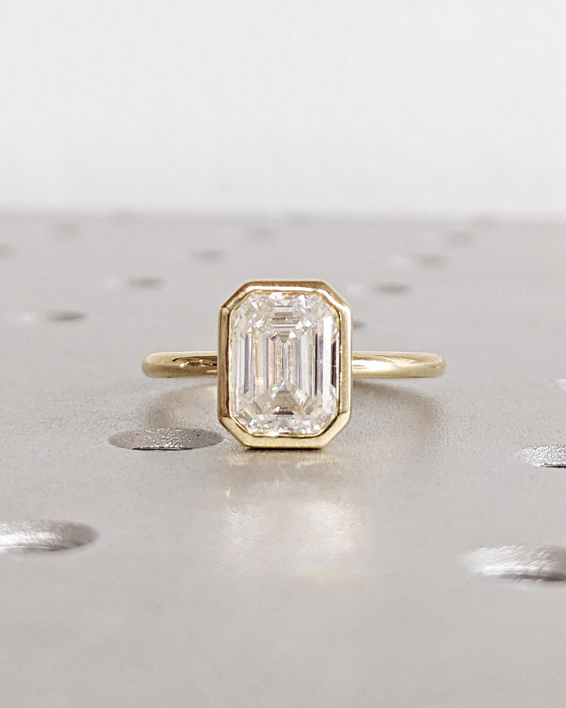 Bezel Set Emerald Cut Moissanite Engagement Ring - Emerald Cut Ring - Moissanite Engagement Ring - 14K Solid Gold Minimalist Bezel Set Ring image #4